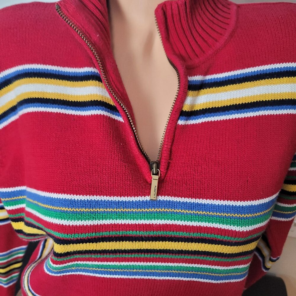 Lauren Ralph Lauren Red Stripe Half-Zip Cotton Pullover Sweater Women's Size M-L - Picture 3 of 9